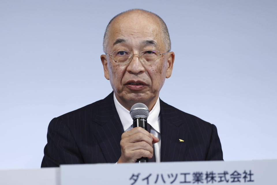 Daihatsu Motor's President Soichiro Okudaira speaks during a press conference in Tokyo, Japan, Wednesday, Dec. 20, 2023. Toyota Motor Corp. said it's subsidiary Daihatsu will suspend shipments of all of its vehicles in and outside of Japan in a safety data fabrication scandal after an investigation found issues with 64 models that included Toyota and other brands. (Kyodo News via AP)