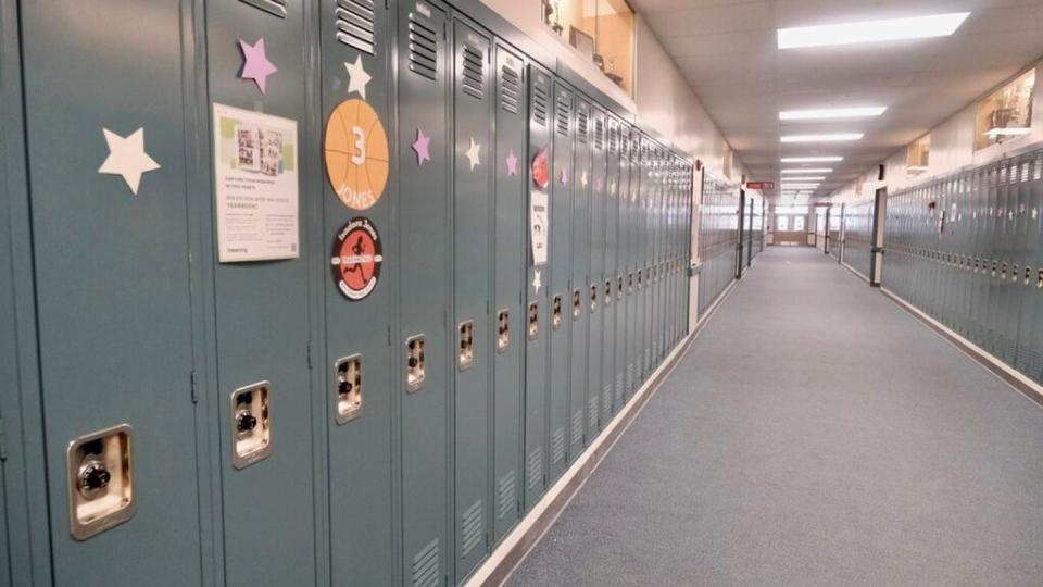 Lockers line the halls of Ben Eielson Junior Senior High School on April 22, 2024. (Claire Stremple/Alaska Beacon)