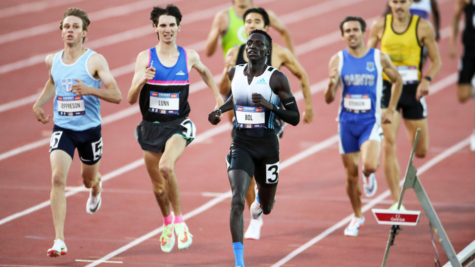 Peter Bol, pictured here winning the 800m final at the Adelaide Invitational.