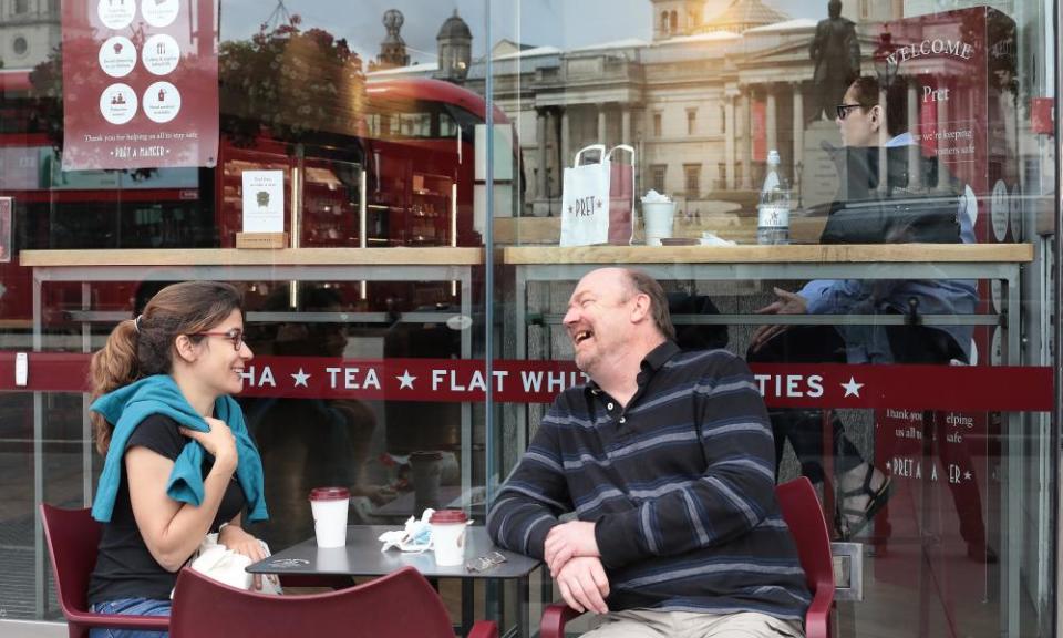 Cristina Redondo and Richard Scott, have coffee at Pret a Manger on Trafalgar Square, London.