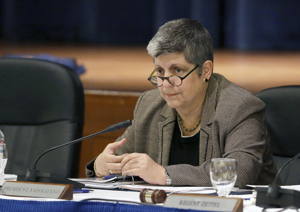 File - In this Nov. 12, 2012 file photo, University of California President Janet Napolitano listens during a UC Regents meeting in San Francisco. Napolitano, the former Secretary of the Department of Homeland Security, is set to lead the U.S. delegation to the Sochi Games. (AP Photo/Eric Risberg, File)