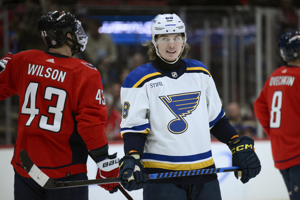 St. Louis Blues center Adam Gaudette (88) looks toward Washington Capitals right wing Tom Wilson (43) during the first period of an NHL hockey game, Thursday, Jan. 18, 2024, in Washington. (AP Photo/Nick Wass)