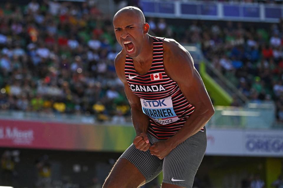 Canada's Damian Warner reacts as he competes in the men's high jump decathlon event during the World Athletics Championships at Hayward Field in Eugene, Oregon on July 23, 2022.