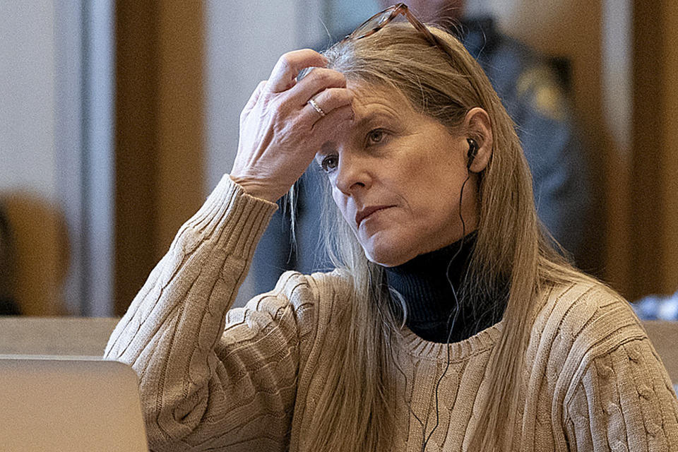 Michelle Troconis listens to arguments at the start of her trial, Thursday, Jan. 11, 2024, in Stamford, Conn. The trial of Troconis, charged in the 2019 killing of mother-of-five Jennifer Dulos, has begun in Stamford Superior Court with a six-person jury hearing the case. (Richard Harbus/Dailly Mail via AP, Pool)