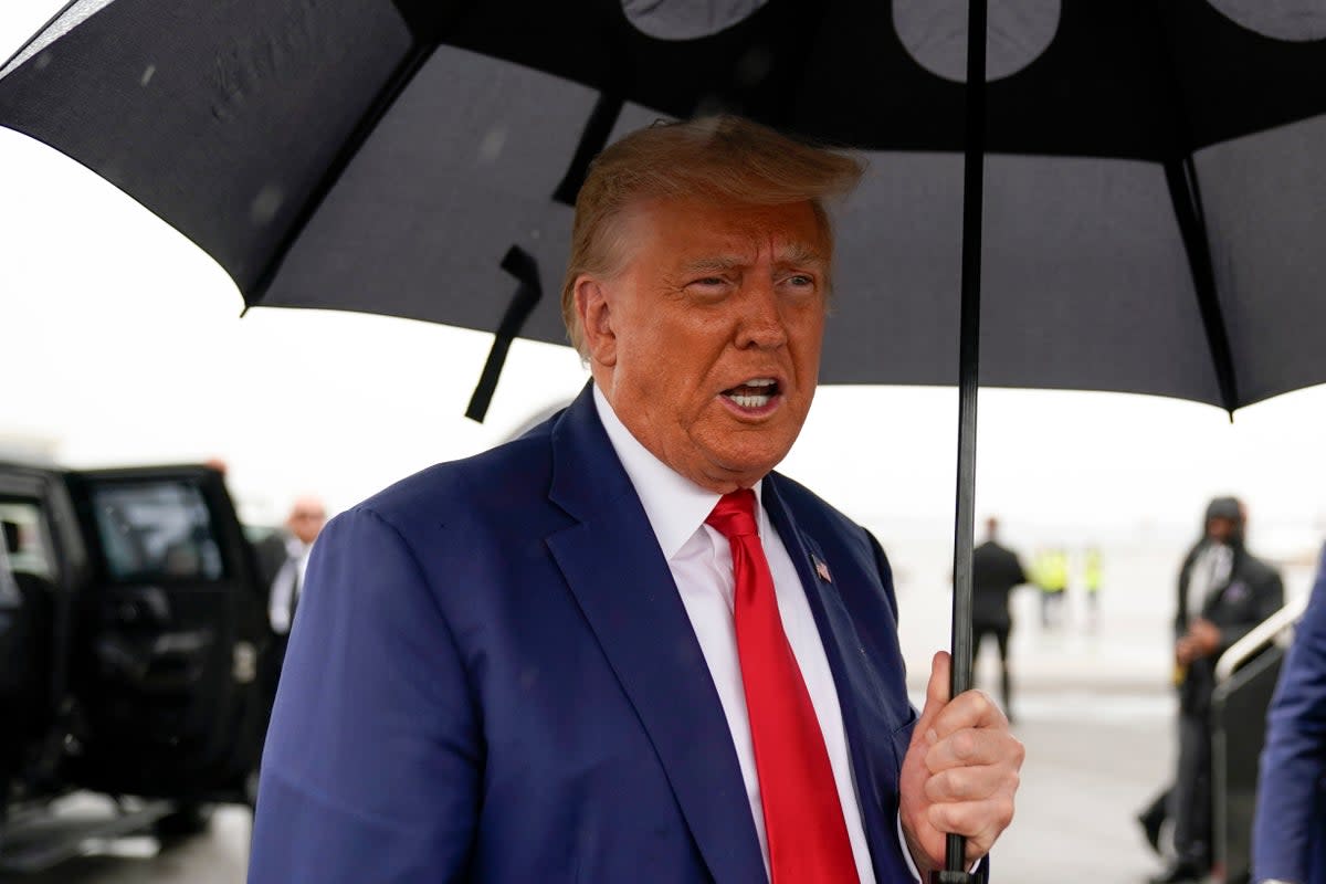 Former President Donald Trump speaks before he boards his plane at Ronald Reagan Washington National Airport after arraignment last week (Copyright 2023 The Associated Press. All rights reserved.)