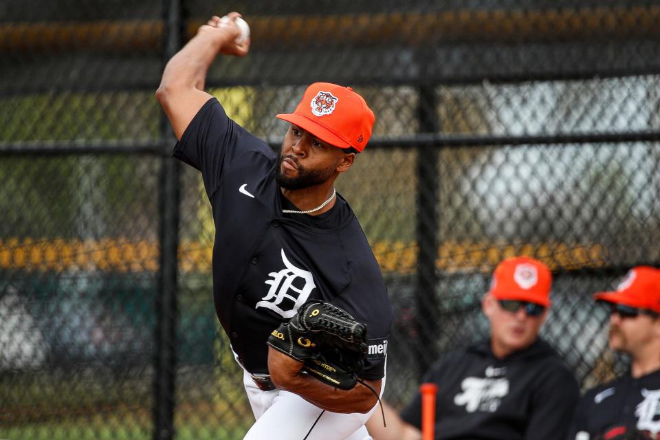 Detroit Tigers pitcher Devin Sweet throws during spring training at Tigertown in Lakeland, Fla. on Thursday, Feb. 15, 2024.