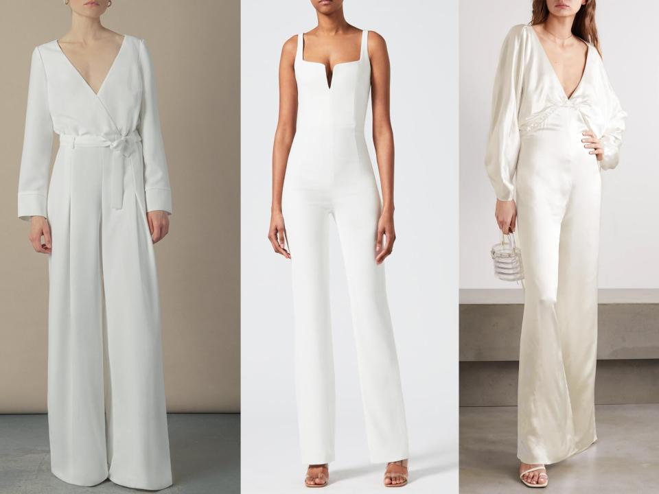 Jumpsuit (The Own Studio, £945), signature corset jumpsuit (Galvan London, £995), Vanessa Cocchaiaro backless washed-satin jumpsuit (Net-A-Porter, £413.90)