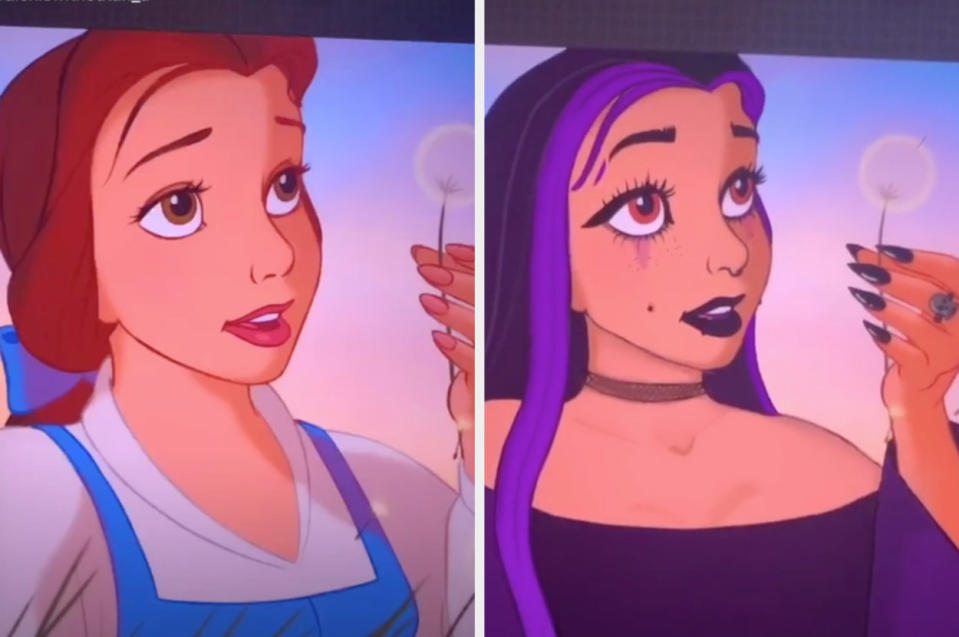 The classic Belle side by side with Lexis' Belle, who has long pointy fake nails, a choker, gothic makeup, and streaks in her hair