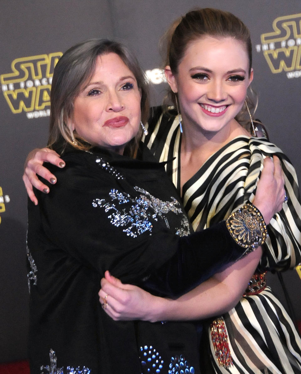 Carrie Fisher and Billie Lourd at the premiere of "Star Wars: The Force Awakens" on Dec. 14, 2015.&nbsp; (Photo: Barry King via Getty Images)