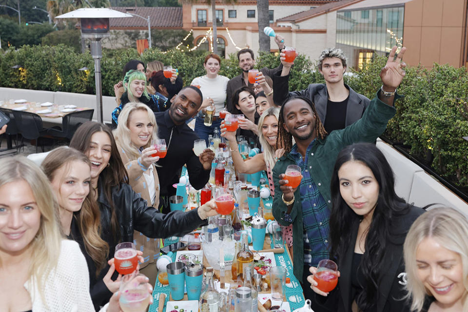 Rebel Wilson, Fluid Co-Founder, Bella Thorne, Dave Osokow, Joshua Colley, Jade Bender, Rachel Zalis, Casamigos Global VP, Scott Evans, and guests attend the Fluid Launch Party and Mixology Hosted by Casamigos at Funke on June 15, 2023 in Los Angeles, California.