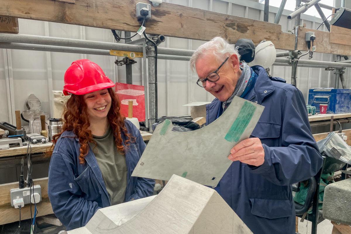 Paul Shepherd, chair of The Worshipful Company of Constructors on a recent visit to the stoneyard with current apprentice stonemason Freya de Lisle. <i>(Image: York Minster)</i>