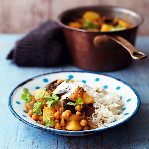 <p>This filling aubergine curry recipe will please veggies and meat eaters alike.</p><p><strong>Recipe: <a href="https://www.goodhousekeeping.com/uk/food/recipes/a537144/aubergine-and-chickpea-masala/" rel="nofollow noopener" target="_blank" data-ylk="slk:Aubergine and chickpea masala;elm:context_link;itc:0;sec:content-canvas" class="link ">Aubergine and chickpea masala</a></strong></p>