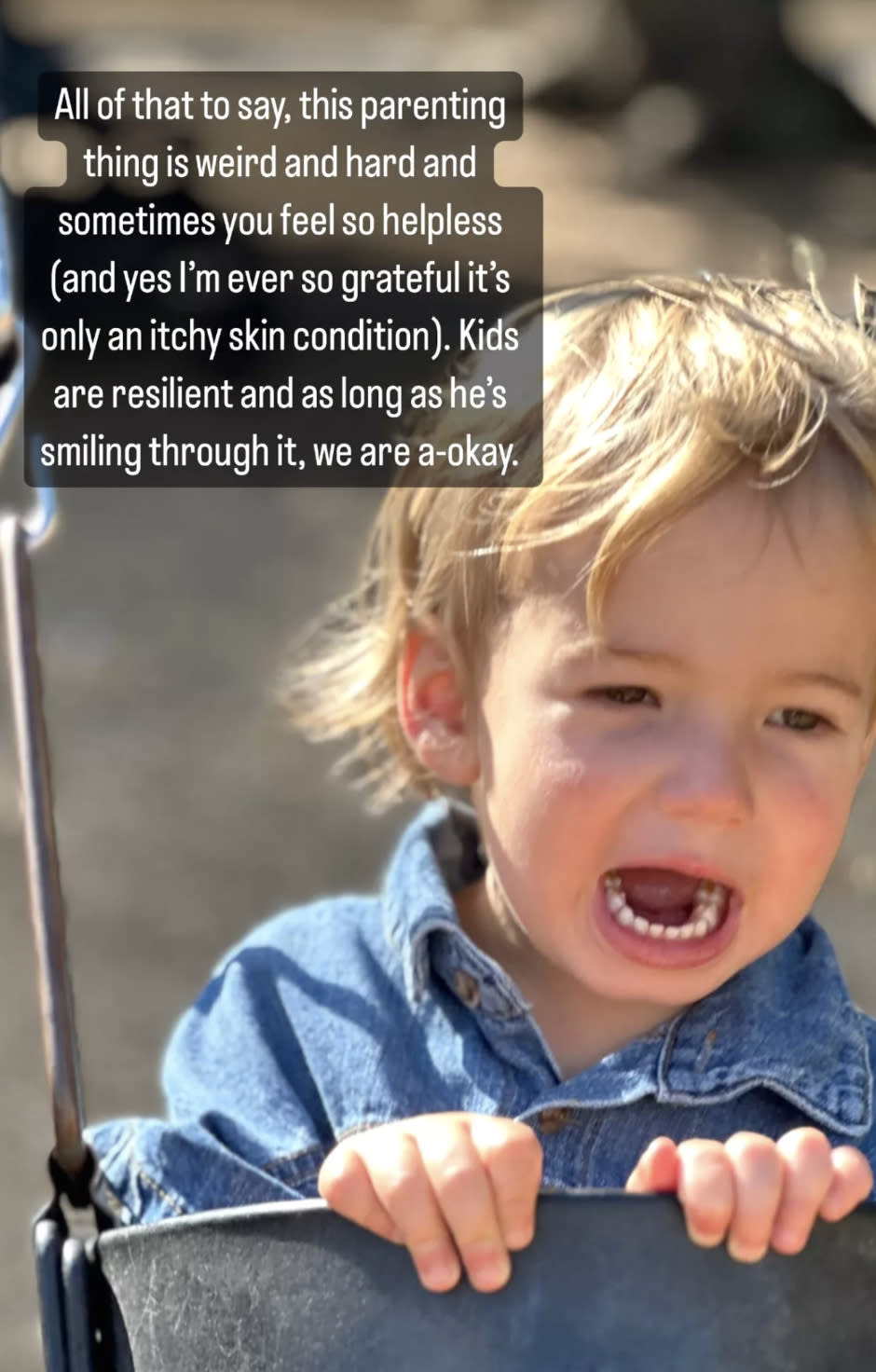 A picture of Mandy's son on a swing