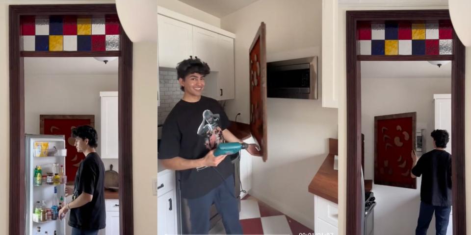 TikToker Marco Zamora standing beside a wall art piece he used to disguise his microwave.