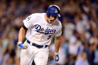 <p>Corey Seager #5 of the Los Angeles Dodgers celebrates as he runs the bases after hitting a two-run home run during the sixth inning against the Houston Astros in game two of the 2017 World Series at Dodger Stadium on October 25, 2017 in Los Angeles, California. (Photo by Harry How/Getty Images) </p>