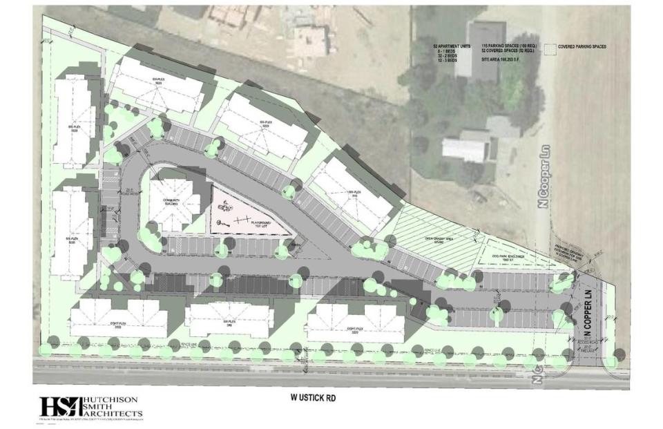 The proposed complex would have eight buildings and a community and fitness center, playground and barbecue area.