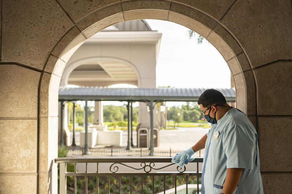 To promote health and well-being at Walt Disney World Resort in Lake Buena Vista, Fla., new and enhanced cleaning measures are in place as part of the resort's phased reopening. This includes increased cleaning and disinfection in high-traffic areas. (Disney/Matt Stroshane)