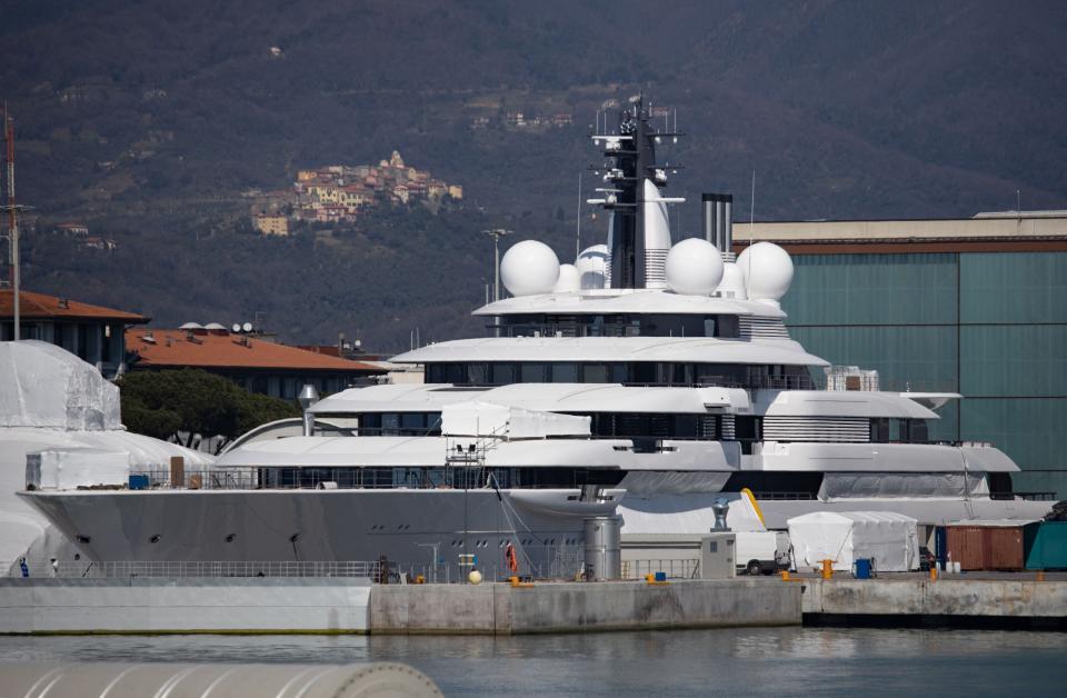 Putin's empire, according to investigators and Russian political opponents, may include 20 palaces and villas across Russia and Europe, 43 aircraft, and various yachts including the 459-foot Scheherazade, docked here at Marina di Carrara, Tuscany, in March.