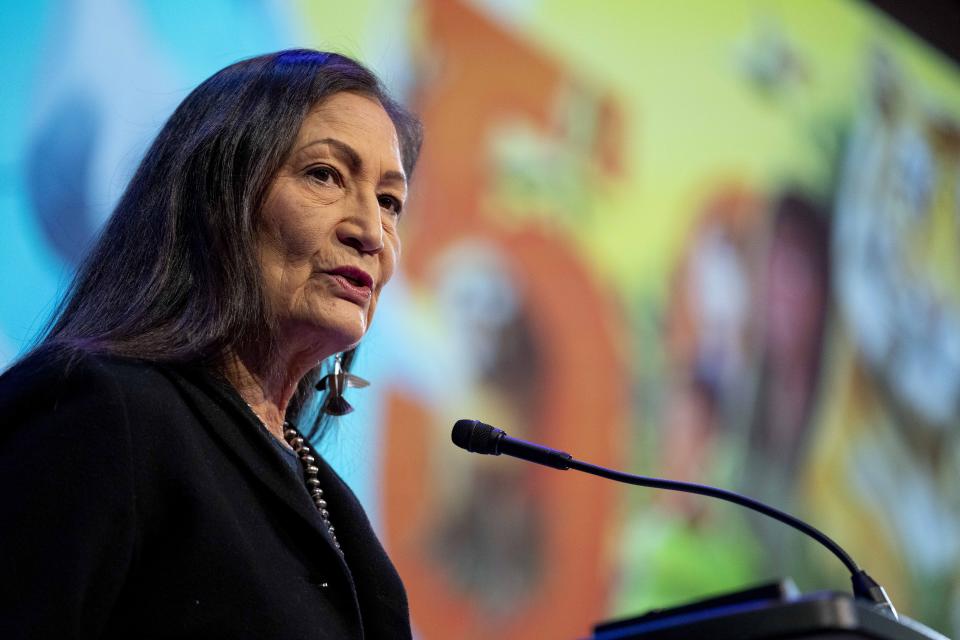 Interior Secretary Deb Haaland speaks during an event to commemorate World Wildlife Day at the National Geographic Society in Washington, Friday, March 3, 2023. Haaland announced during her speech that her agency will work to restore more large bison herds to Native American lands under an order that calls for the government to tap into Indigenous knowledge in its efforts to conserve the burly animals that are an icon of the American West. (AP Photo/Andrew Harnik)