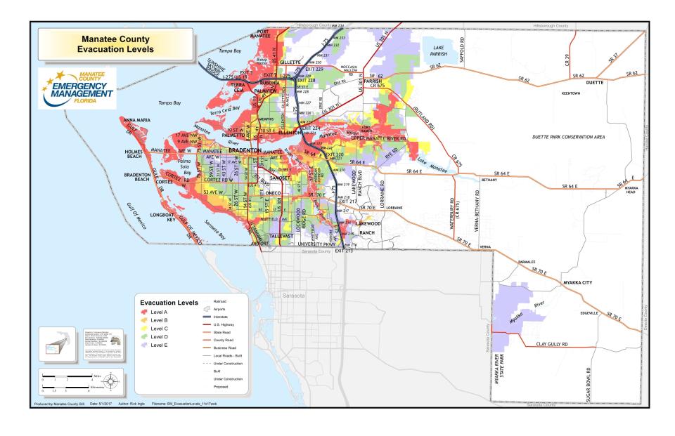 A map of Manatee County's evacuation levels.