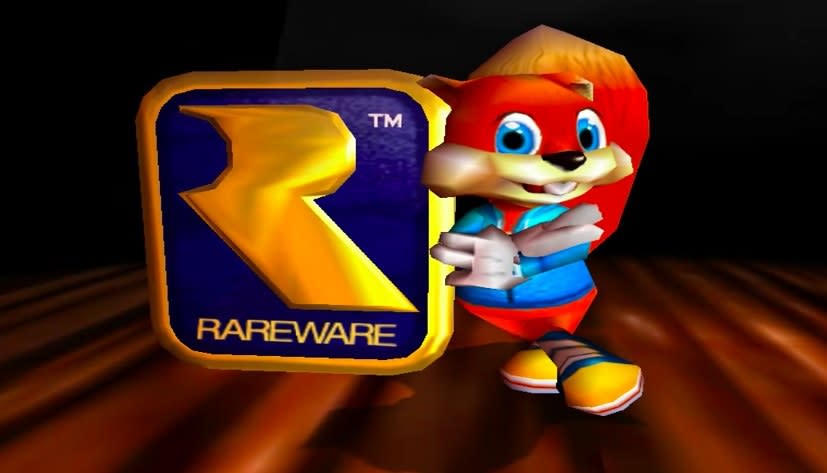 Opening image of Conker's Bad Fur Day, featuring Conker holding the Rareware logo sign