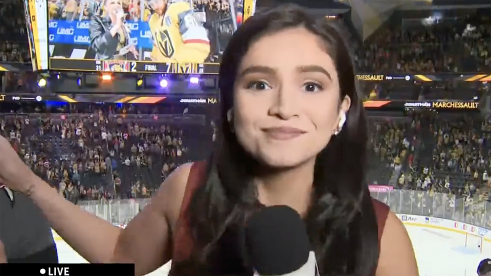 This CBS broadcaster was just trying to do her job when a fan tried to interrupt her segment after Game 2 of the Stanley Cup Final. (Screen grab via @JSamanthaRivera/Twitter)