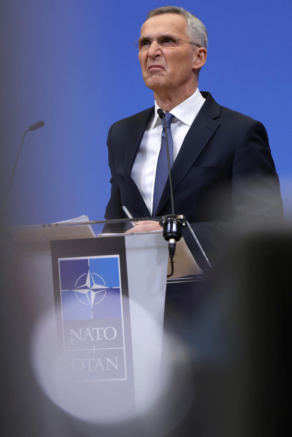 NATO Secretary General Jens Stoltenberg speaks during a media conference after convening an online NATO leaders summit at NATO headquarters in Brussels, Friday, Feb. 25, 2022. U.S. President Joe Biden and his NATO counterparts will seek Friday to reassure member countries on the alliance's eastern flank that their security is guaranteed as Russia's large-scale invasion of Ukraine closes in on the capital Kyiv. (AP Photo/Olivier Matthys)