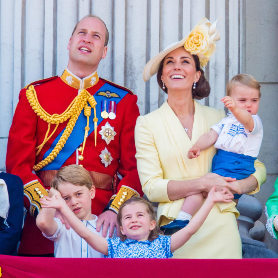 Prince William, Catherine Duchess of Cambridge, Prince George, Princess Charlotte and Prince Louis during Trooping the Colour ceremony, marking the monarch's official birthday, in London. (Photo by DPPA/Sipa USA)