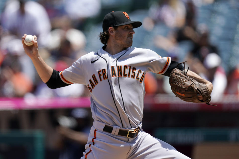 San Francisco Giants starting pitcher Kevin Gausman throws to the plate during the second inning of a baseball game against the Los Angeles Angels Wednesday, June 23, 2021, in Anaheim, Calif. (AP Photo/Mark J. Terrill)