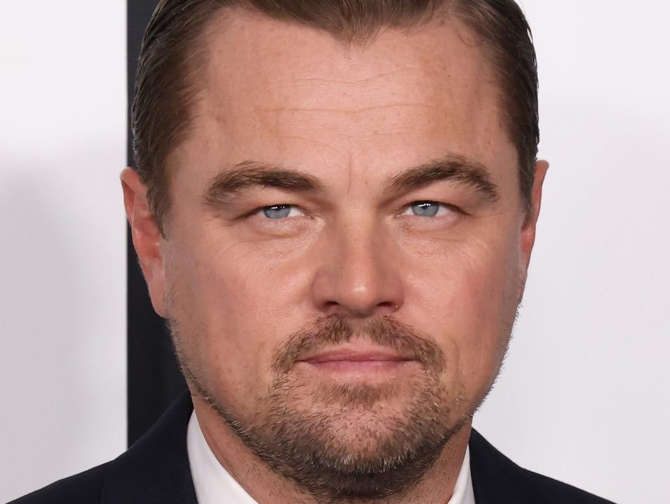 Leonardo DiCaprio poses on the red carpet in a black suit with a dark blue tie.