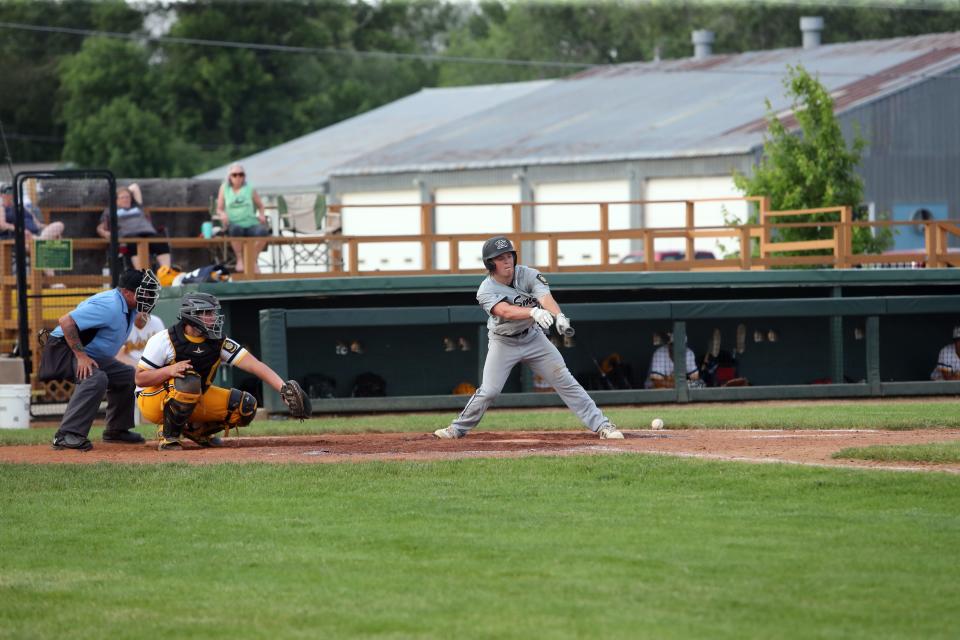 Aberdeen's Brian Holmstrom swings at a pitch during a game against Clay Kiser Post 92 in Redfield on June 13, 2022.