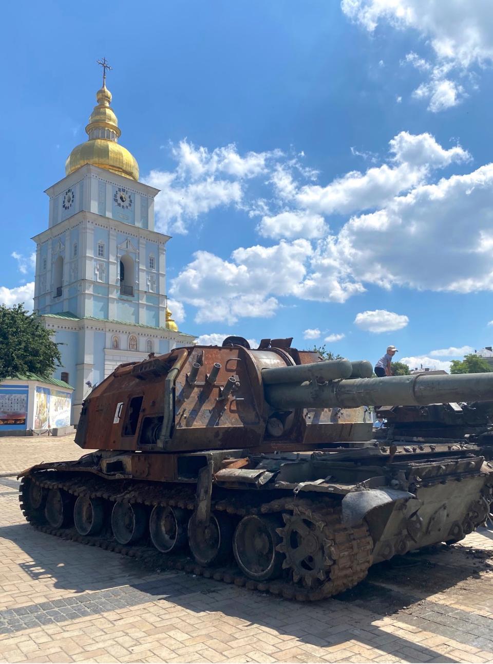 Burnt Russian tanks on display in Kyiv