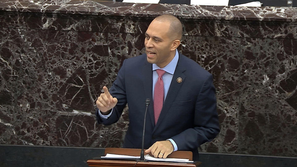 House impeachment manager Rep. Hakeem Jeffries, D-N.Y., speaks during closing arguments in the impeachment trial against President Donald Trump in the Senate at the U.S. Capitol in Washington, Monday, Feb. 3, 2020. (Senate Television via AP)