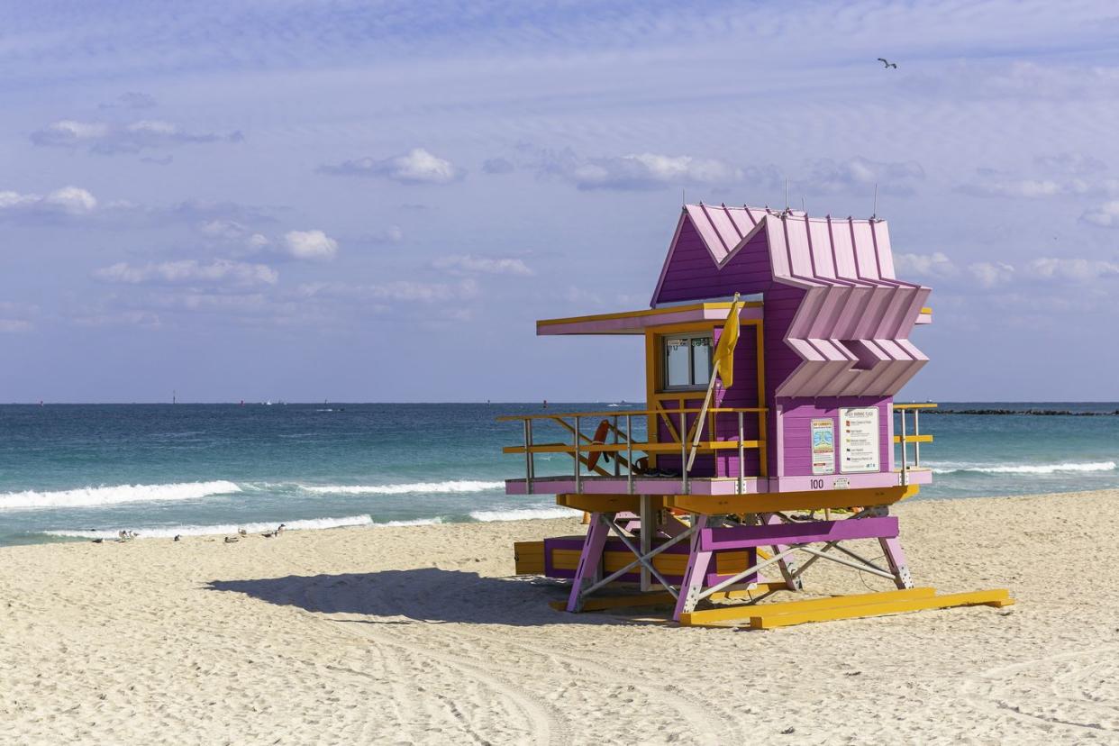 pink lifeguard hut at south beach, miami, usa