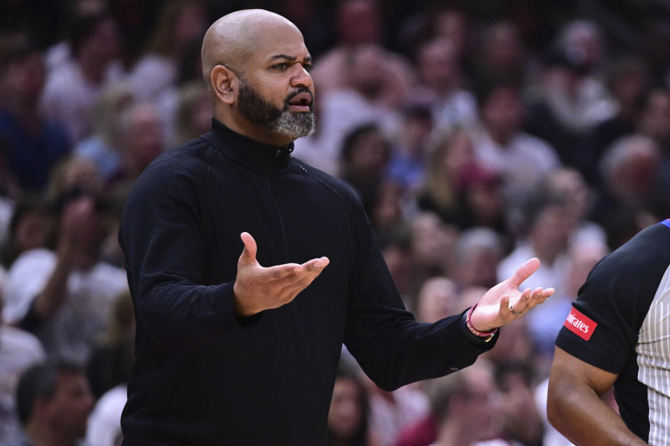 Cleveland Cavaliers head coach J.B. Bickerstaff reacts after a foul call during the first half of Game 4 of an NBA basketball second-round playoff series against the Boston Celtics, Monday, May 13 2024, in Cleveland. (AP Photo/David Dermer)