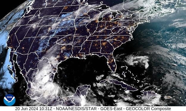 Tropical Storm Alberto shown near the coast of Mexico 6 a.m. June 20, 2024.