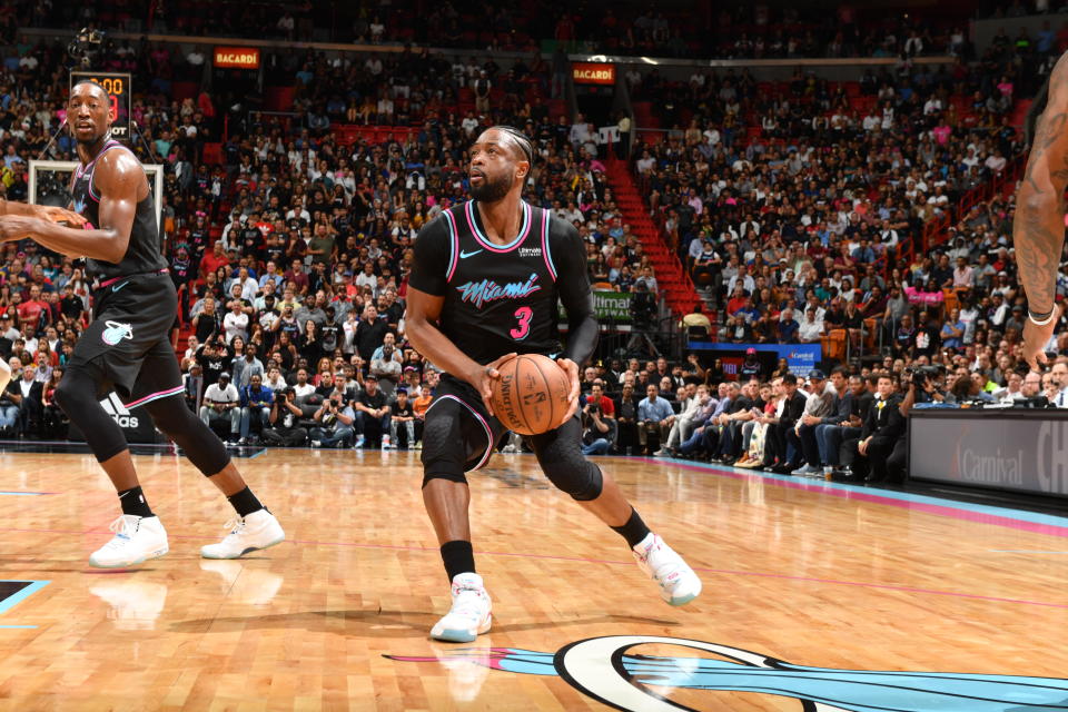 Dwyane Wade hit an insane off-balanced buzzer-beater on Wednesday night to beat the Golden State Warriors. (Jesse D. Garrabrant/Getty Images)