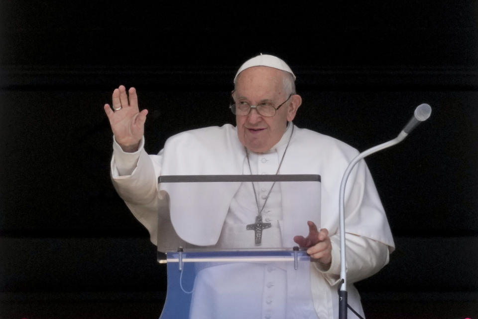 Pope Francis delivers his blessing as he recites the Regina Coeli noon prayer from the window of his studio overlooking St.Peter's Square, at the Vatican, Sunday, April 16, 2023. (AP Photo/Andrew Medichini)