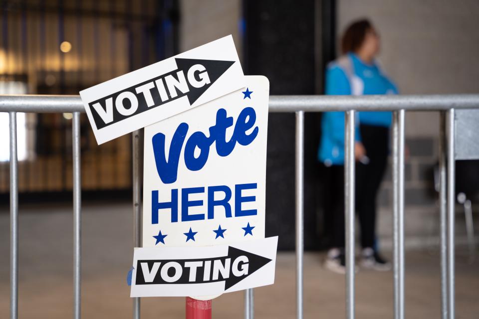 A sign directs voters at Bank of America Stadium on Nov. 5, 2022, in Charlotte, North Carolina. It marked the last day for early voting in the state before Election Day on Nov. 8.