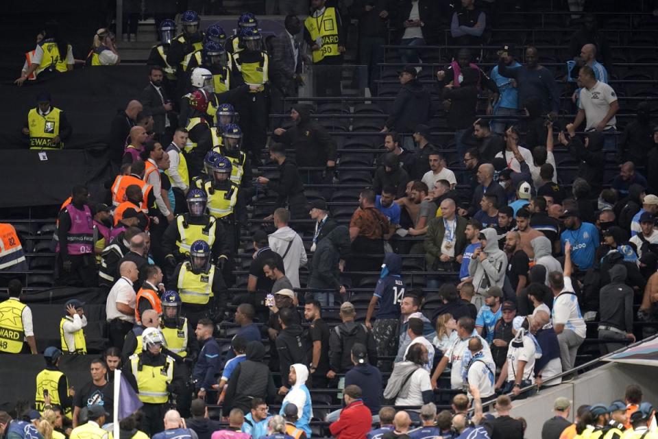 Marseille fans caused trouble at the end of their Champions League clash with Tottenham (Andrew Matthews/PA) (PA Wire)