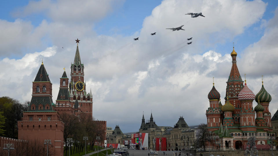 Various types of Russian military aircraft fly over Red Square in Moscow in preparation for the World War II Victory Parade, May 4, 2022