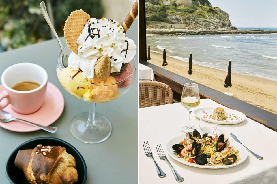 Two photos from Italy, one showing a gelato sundae with pastry and coffee, and another showing a seaside lunch