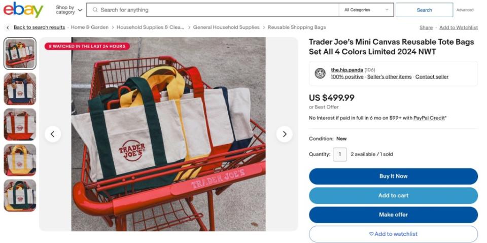 One listing on eBay offers a set of the Trader Joe’s mini canvas tote in all four colors — for a shocking $500. EBAY