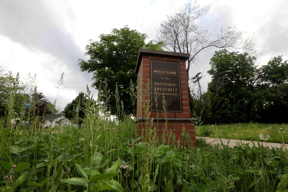 A marker at the entrance to the Fruit Belt neighborhood, located on the east side of the Buffalo, N.Y., photographed May 16, 2022. The Fruit Belt is a residential neighborhood that has been home to many of Buffalo's Black residents for generations. 