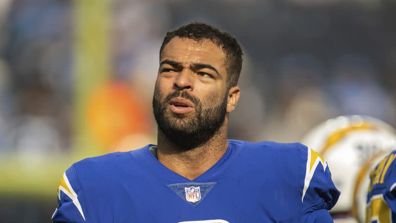 Los Angeles Chargers linebacker Kyle Van Noy looks on before a game against the Tennessee Titans, Sunday, Dec. 18, 2022, in Inglewood, Calif. Van Noy became a free agent in the offseason and is among 20 former NFL players with Utah ties who has yet to land a deal for the 2023 season.