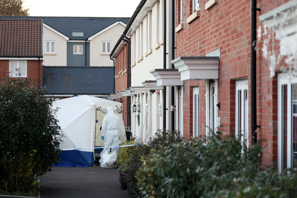 The scene in Dragon Rise, Norton Fitzwarren, Somerset where two people were found dead, November 22 2021. See SWNS story SWBRmurder. Police have launched a double murder probe after a man and woman were found dead inside a home. Cops were called at about 9.45pm last night (Sunday) where the two victims, both aged in their 30s, were discovered with serious injuries. Medics attended but the couple were later both pronounced dead at the scene. Two men, aged 34 and 67, have now been arrested on suspicion of murder and are currently in custody for questioning.  