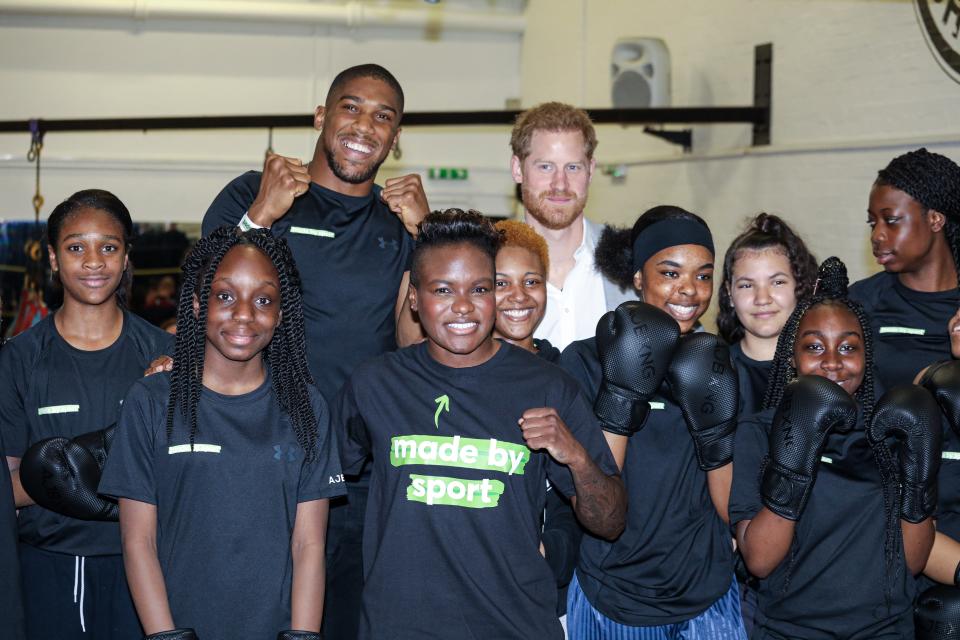 The Duke of Sussex with boxers Anthony Joshua and Nicola Adams (front centre) at the launch of Made by Sport, a new campaign bringing together a coalition of charities supporting disadvantaged young people through sport, at the Black Prince Trust in Lambeth.
