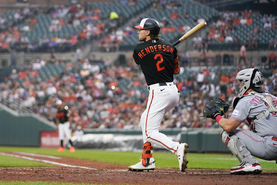 Baltimore Orioles' Gunnar Henderson watches his ball while hitting a bases loaded triple off Cincinnati Reds starting pitcher Luke Weaver in the first inning of a baseball game, Wednesday, June 28, 2023, in Baltimore. Orioles' Anthony Santander, Ryan O'Hearn and Austin Hays scored on the triple. (AP Photo/Julio Cortez)