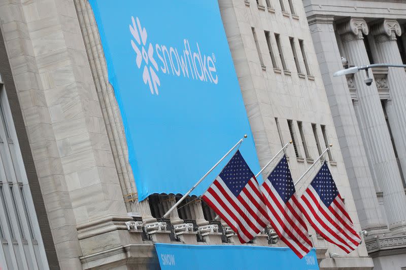 A banner for Snowflake Inc. is displayed celebrating the company's IPO at the NYSE in New York