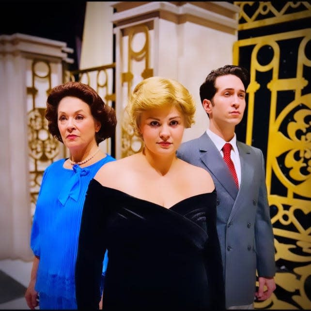 Karen Monks as "Queen Elizabeth," Amanda Hornberger as "Diana" and Scotty Tomas as "Prince Charles" in "Diana, The Musical," on stage at the Henegar Center through April 7, 2024. Visit henegarcenter.com.